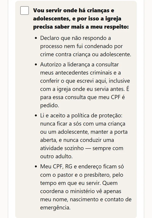 O que a pessoa declara para servir com crianças e adolescentes, item por item.